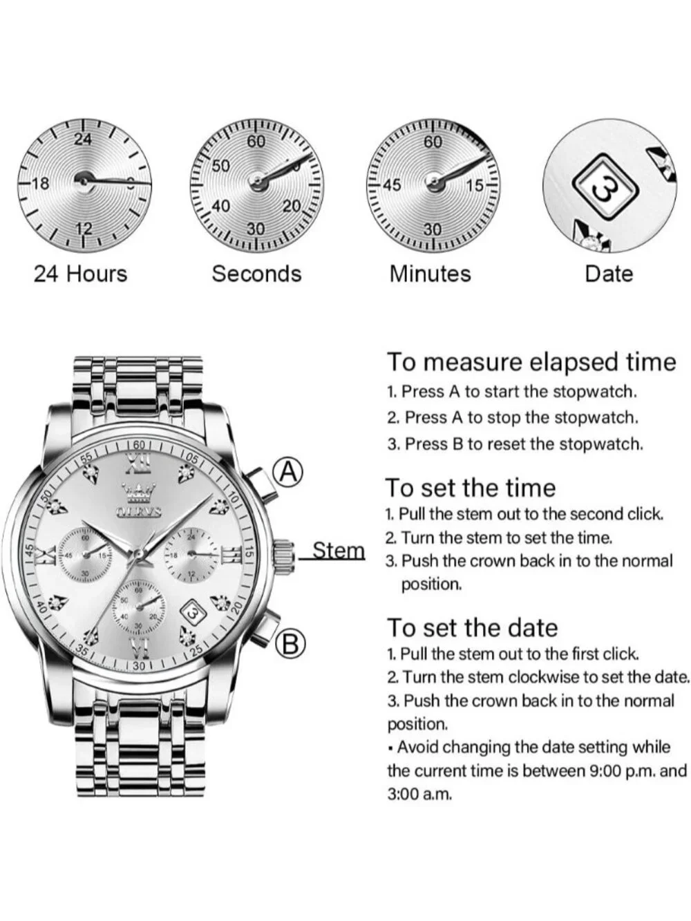 Men's White Face/Silver Strap Stainless Steel Chronograph Waterproof  Watch